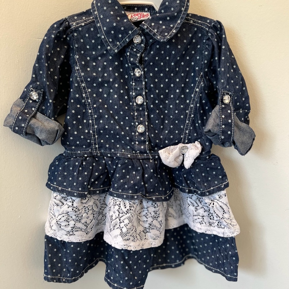Baby Girl Denim dress With Rhinestone Buttons and lace ruffle 😍